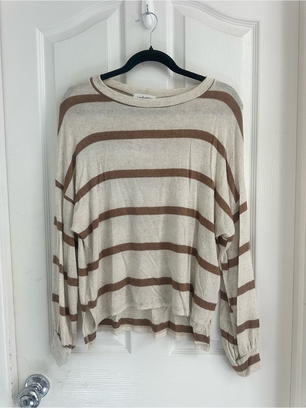 Carly Jean Los Angeles Cream & Camel Striped Crewneck Sweater